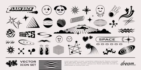 Fotobehang Y2k icons. Logo elements, retro planet, space and vintage 2000 shapes, future rave stars. Black silhouette. Funny smile characters, abstract geometric elements. 00s tattoo. Vector techno symbols © SpicyTruffel