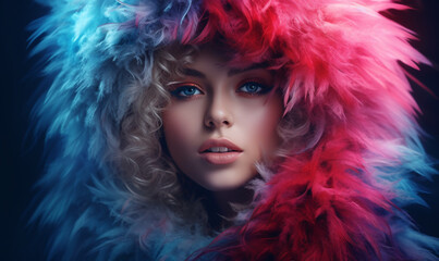 Beautiful girl wearing fantasy colorful fur with Blonde hair. 
