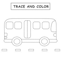 Trace and color for children. Handwriting practice. Coloring page for kids. Preschool worksheet with cute bus illustration.	