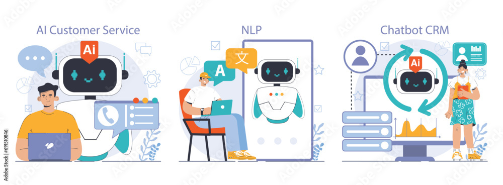 Poster chat bot set. ai-powered customer service. online consultation with artificial neural network. artif