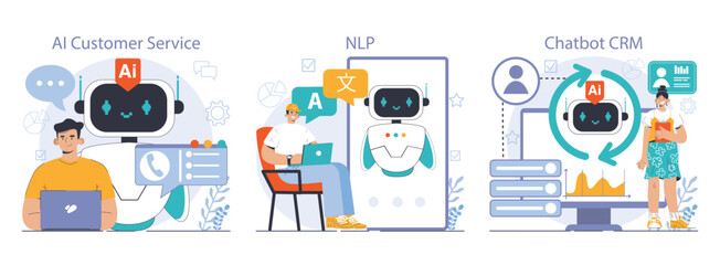 Chat bot set. AI-powered customer service. Online consultation with artificial neural network. Artificial intelligence virtual assistant. Flat vector illustration