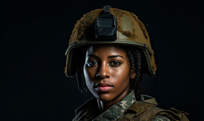 Obraz premium Black girl with blonde hair wearing camouflage fatigues, military uniform and helmet. Light form Studio lighting.