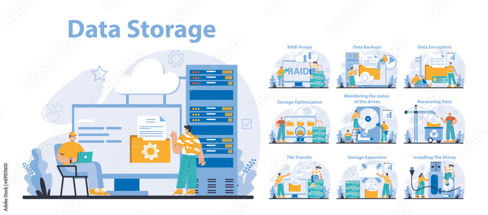 Poster data storage set. multiple aspects of data management and protection. network infrastructure mainten