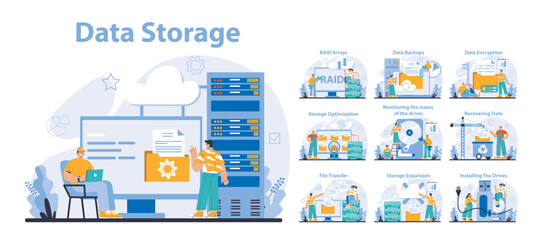 Data Storage set. Multiple aspects of data management and protection. Network infrastructure maintenance with cloud services. Efficient system recovery and security measures. Vector illustration. - obrazy, fototapety, plakaty