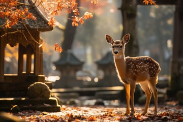 a deer stands before a temple in the park. Generative ai - obrazy, fototapety, plakaty