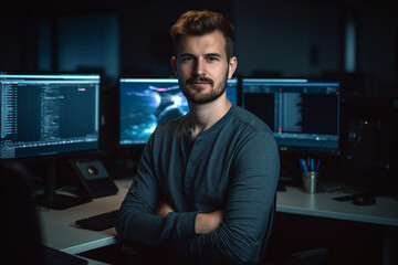 Generative AI conceptual portrait of successful business person man woman hacker programmer in office