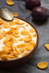 A bowl of cornflakes with milk. Morning breakfast
