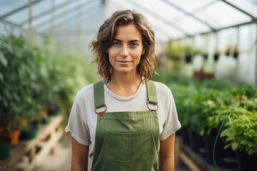 Greenhouse owner entrepreneur standing next to healthy garden harvest Generative AI
