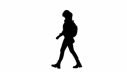 Portrait of traveler isolated on white background alpha channel. Silhouette of woman in glasses walking with backpack and looking around.