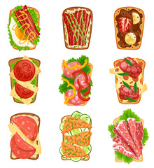 Toasts top view set. Cartoon isolated slices of toasted cereal bread with cheese and eggs. Sandwiches with ham and prosciutto, salmon and vegetables for healthy breakfast