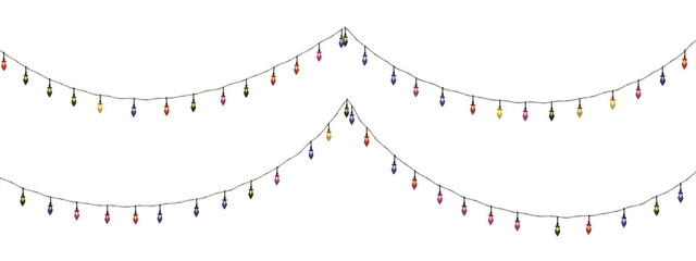 A sequence of vibrant Christmas lights forms a chain design on a see-through background, apt for Xmas, New Year, or special occasion decorations. Great for party decor. PNG - obrazy, fototapety, plakaty