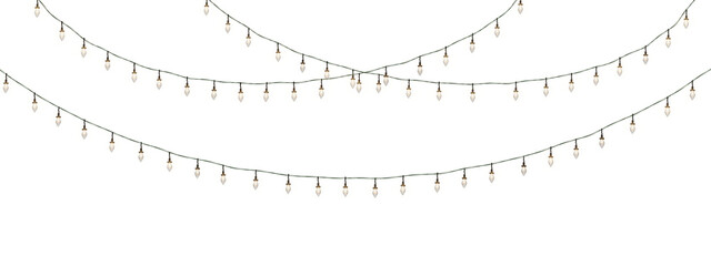 The warm glow of Christmas lights in a chain pattern enhances a transparent background, perfect for Xmas, New Year, or matrimonial celebrations. Ideal for party decor. PNG - obrazy, fototapety, plakaty