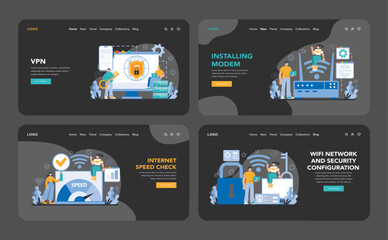 Wi-Fi network dark or night mode web or landing set. Specialist setting up, developing and maintaining wireless fidelity equipment. Secure connection configuration. Flat vector illustration
