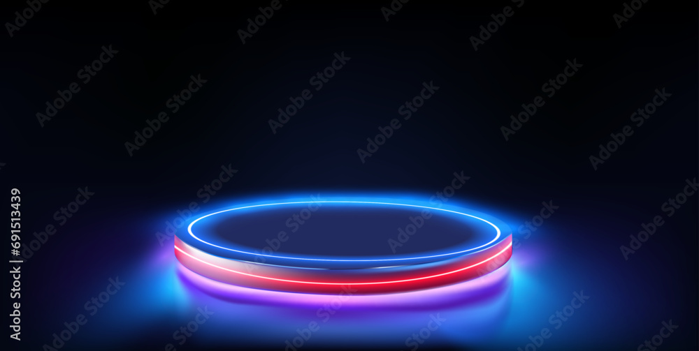 Fototapete 3D podium stage, empty platform in neon light. Glowing Neon Futuristic Podium with Illuminated Holographic Display on Dark Background. Abstract display or circle studio product pedestal.