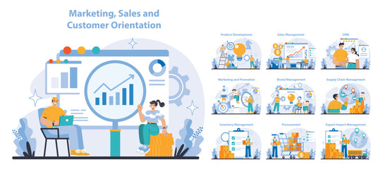 Fototapeta na wymiar Marketing and Sales set. Comprehensive customer engagement strategies. Cross-functional business operations depicted. Data-driven decision-making illustration. Flat vector illustration.