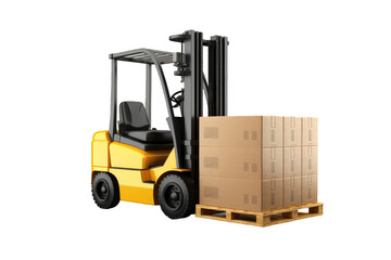 Right side view of Forklift carrying a pallet of cardboard boxes Isolated on a clipped PNG transparent background