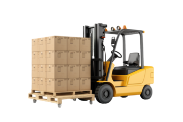 Left side view of Forklift carrying a pallet of cardboard boxes Isolated on a cutout PNG transparent background