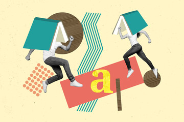 Photo artwork minimal template picture collage of anonymous students bookworms running to get...