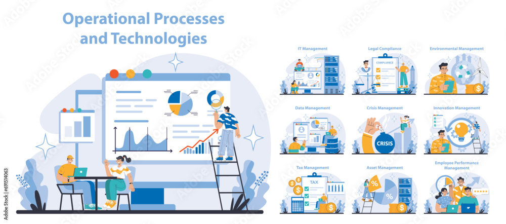 Aufkleber operational processes and technologies set. diverse business activities and system management. cohes