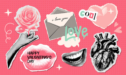 Valentine's day halftone collage elements set with doodles. Dotted paper stickers with rose, hand, mouth, hat, love letter for mixed media design. Vintage Vector illustration