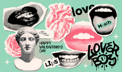 Collage halftone stickers set with mouths, torn paper note, graffiti stroke brushes, doodle elements. Concept of love for Valentine's day. Trendy magazine style, grunge texture, love symbols. Vector - obrazy, fototapety, plakaty