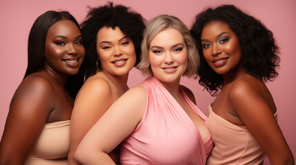 Portrait of fat diversity and beauty women , group friends together and inclusion, pride in different skin, glow and empowerment with multicultural models, studio background, skincare and beauty.