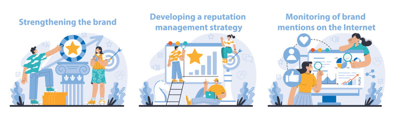 Reputation management set. Building relationship with targeted audience. Customer satisfaction, experience, and engagement with a brand. Public relations strategy. Flat vector illustration