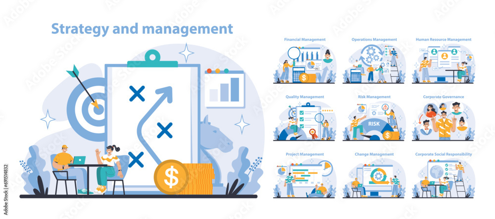 Poster strategy and management set. comprehensive business strategy and management functions. streamlining 