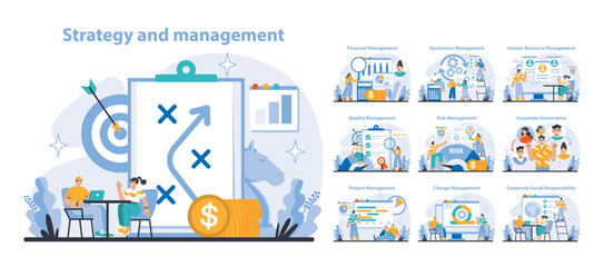 Strategy and management set. Comprehensive business strategy and management functions. Streamlining operations, enhancing human resources, managing risk. Flat vector illustration. - obrazy, fototapety, plakaty