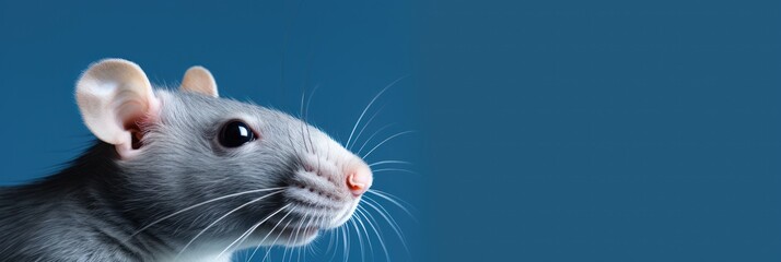 Beautiful domestic rat on blue background, wide horizontal panoramic banner with copy space, or web site header with empty area for text. Advertisement template.