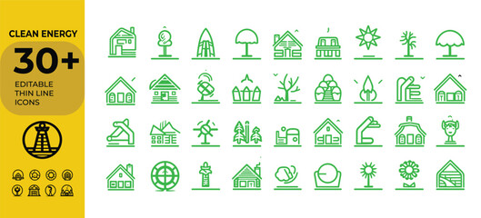 Clean energy icon, renewable power, green technology, sustainable electricity, eco-friendly energy sources, energy icons set, thin line clean energy icons set