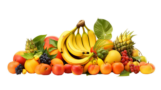 An array of tropical fruits like bananas and papayas arranged on a spotless white background, creating a visually appealing and appetizing scene in realistic HD on white background png image