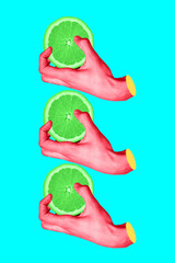 Vertical collage creative template humans hand hold touch slide half juicy fruit tropical citrus colorful filter turquoise background