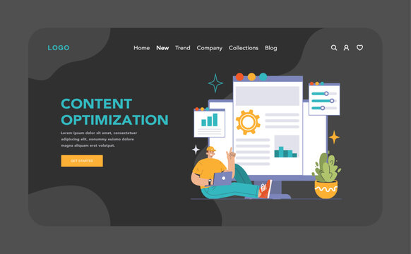 Content optimization dark or night mode web, landing. Analyzing and improving website information architecture. Data-driven approach for user engagement. Flat vector illustration.