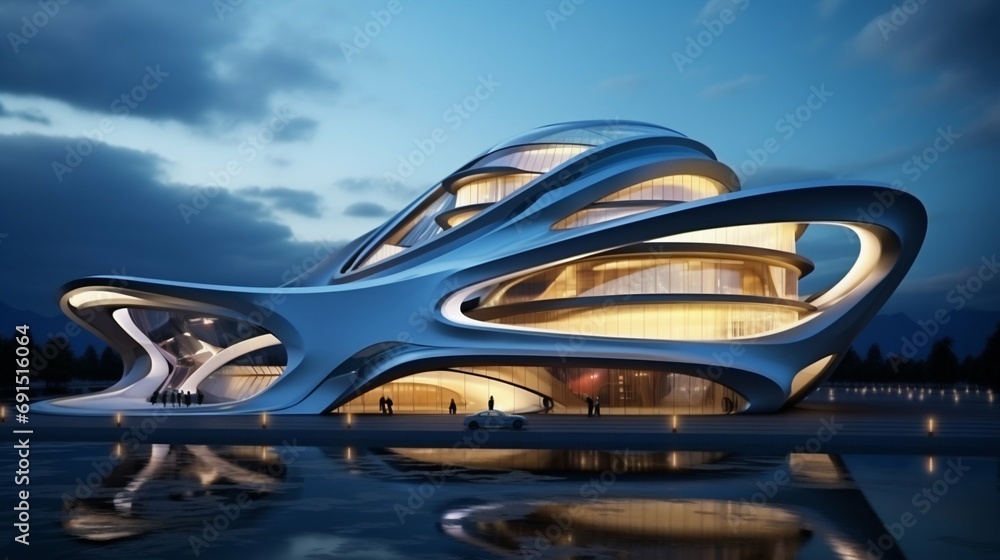 Poster futuristic architecture design at dusk. generative ai