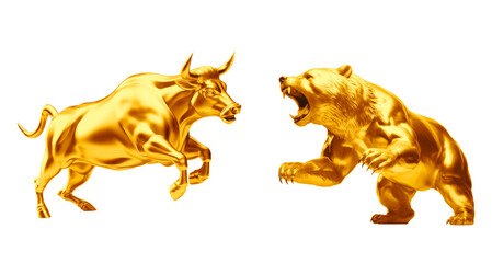 Golden bull and bear isolated on white or transparent background, png clipart, design element. Stock market exchange concept.