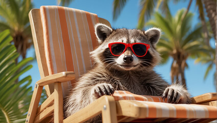 cute funny cartoon raccoon on the beach wearing sunglasses, vacation
