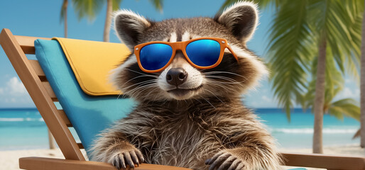 cute funny cartoon raccoon on the beach wearing sunglasses sunbathing - obrazy, fototapety, plakaty