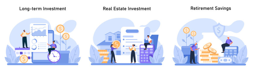 Investment Planning set. Detailing secure financial future through long-term growth, property assets, and retirement fund strategies. Flat vector illustration