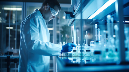 Male scientist working on study in laboratory for medical research analysis. Advanced scientific biotechnology laboratory.