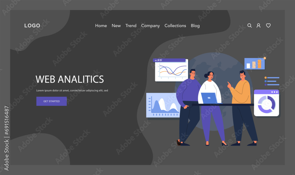 Poster web analytics highlighted dark or night mode web, landing. team of three collaborates on website dat