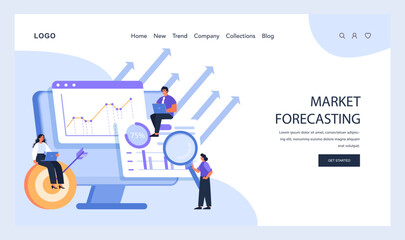 Market Forecasting in focus. Professionals study market trends on a giant screen, analyzing future projections with dynamic arrows. Strategy and prediction elements evident. Flat vector .
