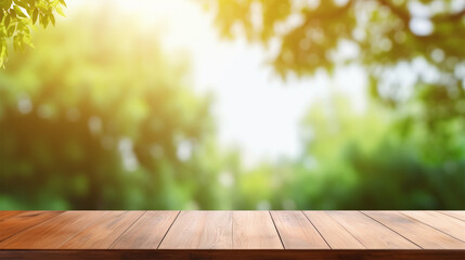 Wooden tabletop display with open nature background - ai generative
