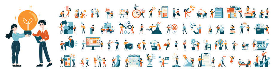 Business People set. Various office scenarios and team interactions. Productivity growth, strategy planning, and goal achievement. Flat vector illustration