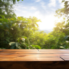 Wooden tabletop display with open nature background - ai generative