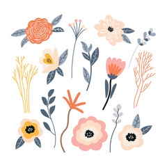 Set of vector illustrations of flowers in doodle style on a white background. for design and invitations.	