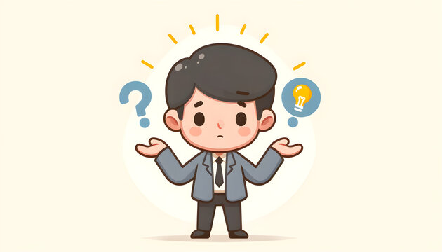 A cartoon of a businessman with a perplexed expression, standing with his hands outspread as if weighing options or considering solutions
