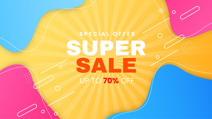 Blue pink and yellow vector special discount super sale background. Vector super sale template design. Big sales special offer. End of season party background - obrazy, fototapety, plakaty