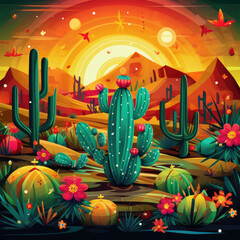 Mexico or Southwestern Arizona USA cartoon scene of cactus in the desert