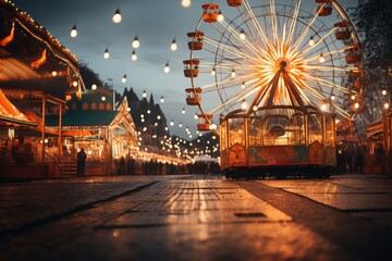 Carnival amusement park with rides that are lit up with colored lights. Blurred fun bright and colorful background. Summer fair at night. Ferris wheel with bright colors. - obrazy, fototapety, plakaty